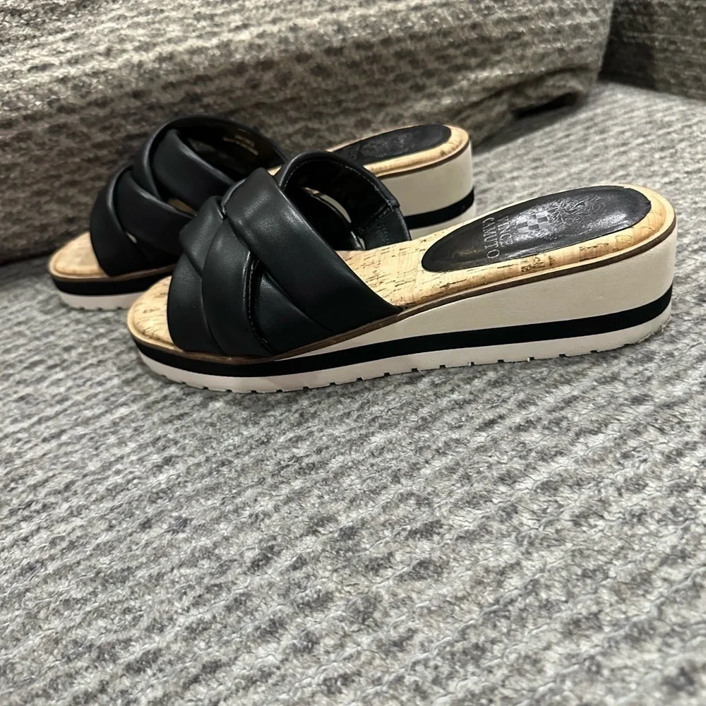 Vince Camuto black leather braided slides/sandals with cork soles and soft soles